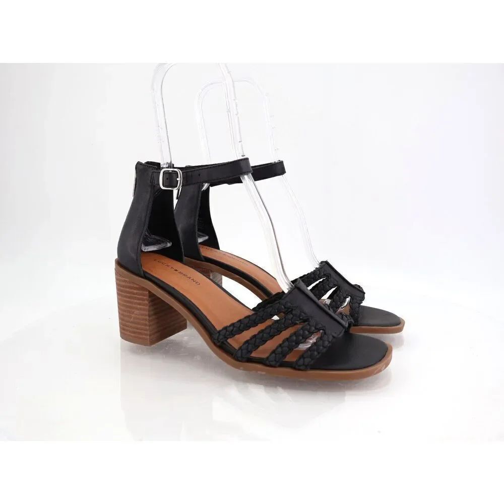 Lucky Brand Tasmina Women's Leather Ankle Strap Block Heel Black Size 9.5M